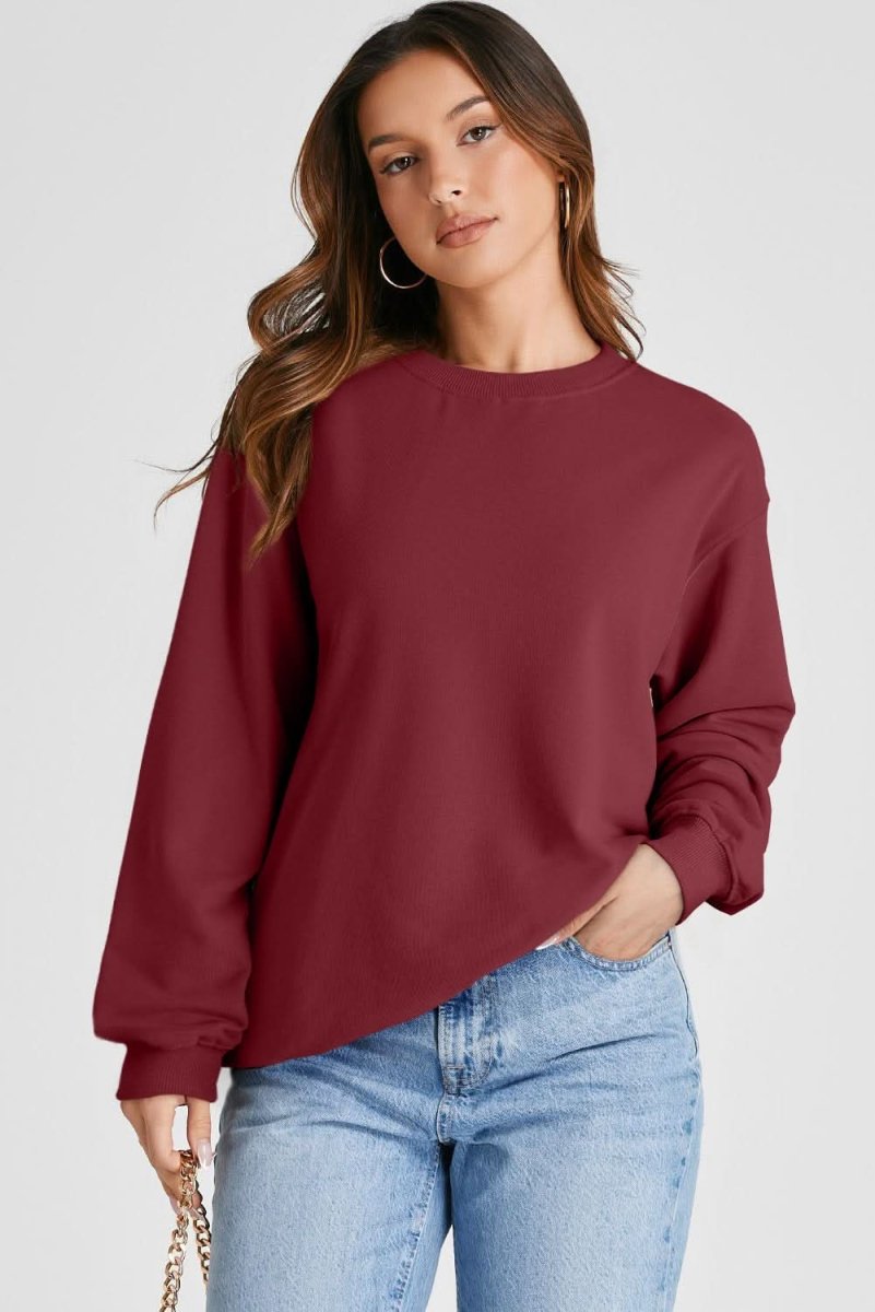 Burgundy Plain Drop Shoulder Crewneck Pullover Sweatshirt - Love Salve